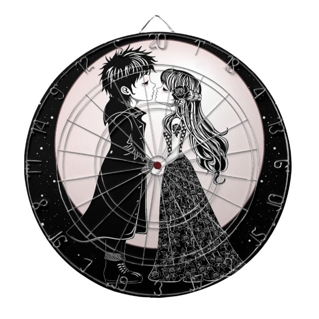 Cute Gothic Emo Kids Kiss Valentine's Day  Dart Board (Front)