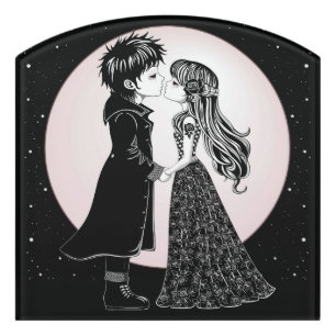 Cute Gothic Emo Kids Kiss Valentine's Day Door Sign