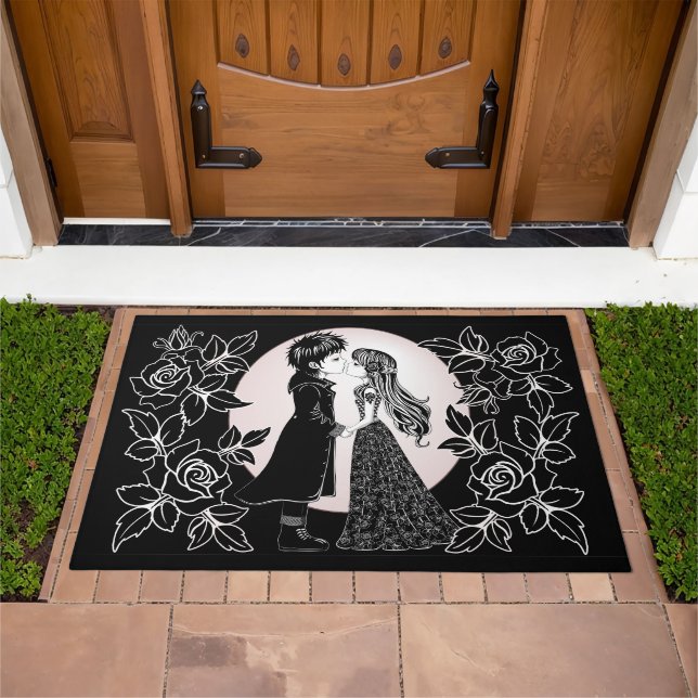 Cute Gothic Emo Kids Kiss Valentine's Day  Doormat (Outdoor)
