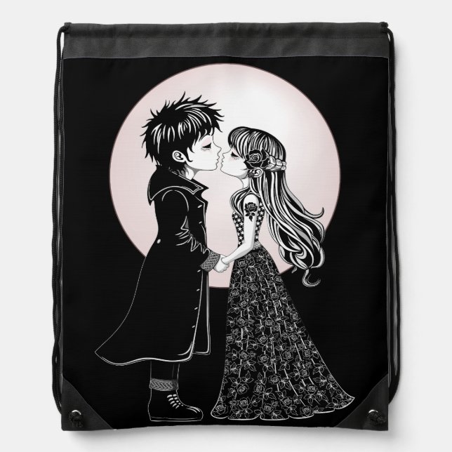 Cute Gothic Emo Kids Kiss Valentine's Day  Drawstring Bag (Front)