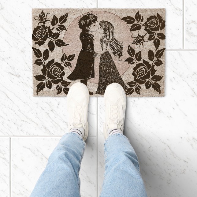 Cute Gothic Emo Kids Kiss Valentine's Day  Fiber Doormat (Insitu)