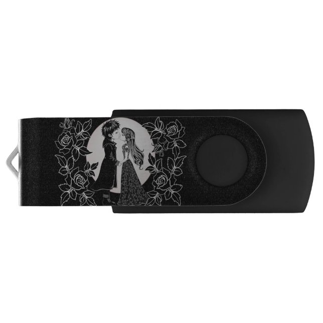 Cute Gothic Emo Kids Kiss Valentine's Day  Flash Drive (Back)