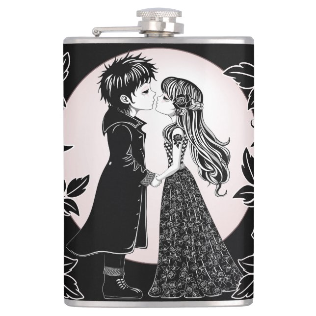 Cute Gothic Emo Kids Kiss Valentine's Day  Flask (Front)