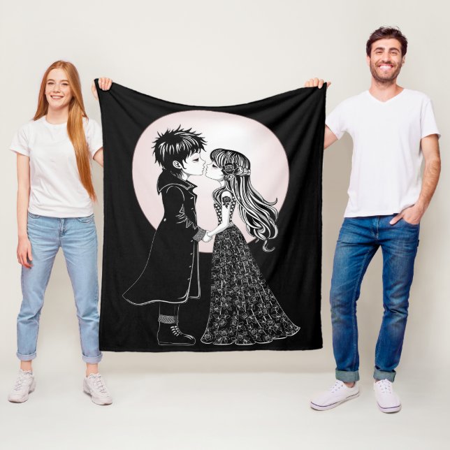 Cute Gothic Emo Kids Kiss Valentine's Day  Fleece Blanket (In Situ)