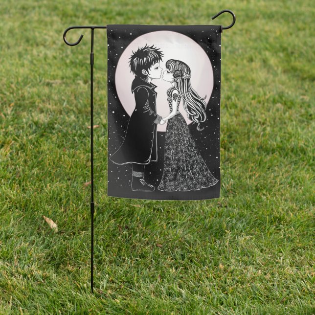 Cute Gothic Emo Kids Kiss Valentine's Day  Garden Flag (In SItu)