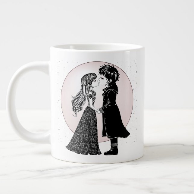 Cute Gothic Emo Kids Kiss Valentine's Day  Giant Coffee Mug (Left)