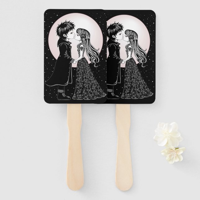 Cute Gothic Emo Kids Kiss Valentine's Day  Hand Fan (Front and Back)