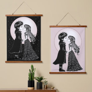 Cute Gothic Emo Kids Kiss Valentine's Day Hanging Tapestry
