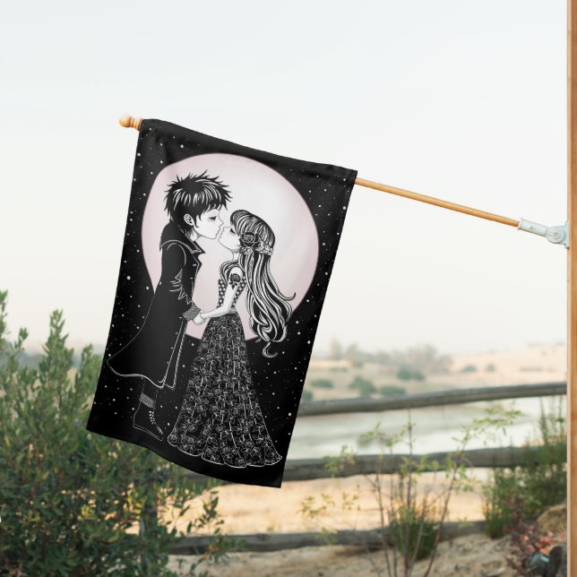 Cute Gothic Emo Kids Kiss Valentine's Day  House Flag (Insitu (Back))