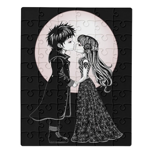 Cute Gothic Emo Kids Kiss Valentine's Day  Jigsaw Puzzle (Puzzle Vertical)