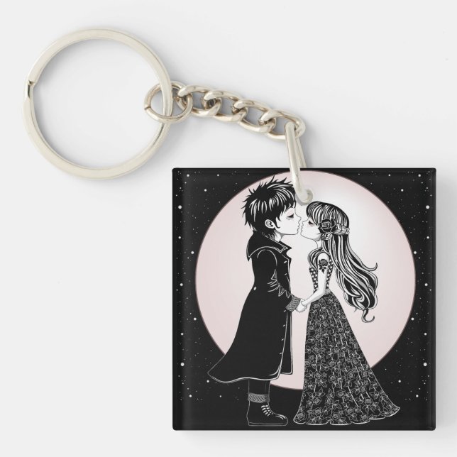 Cute Gothic Emo Kids Kiss Valentine's Day  Keychain (Front)