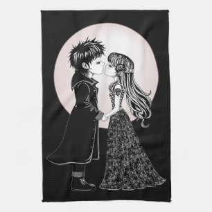 Cute Gothic Emo Kids Kiss Valentine's Day Kitchen Towel