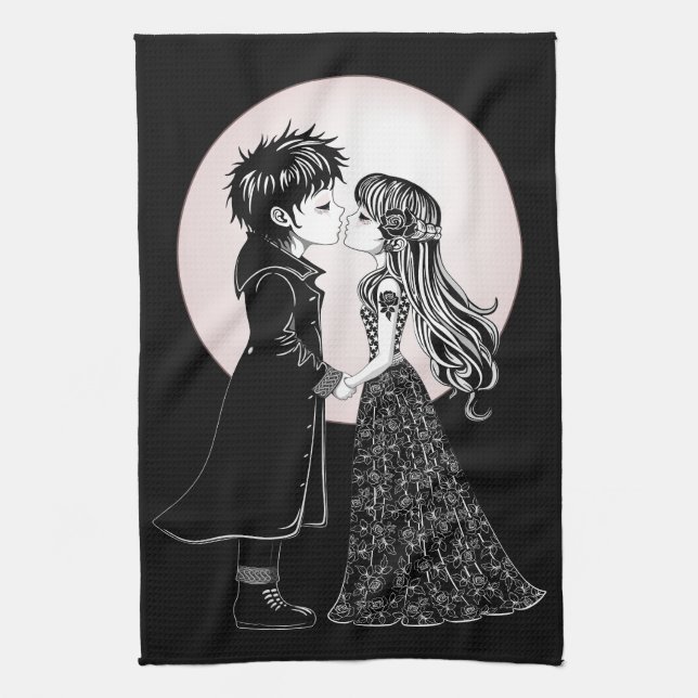 Cute Gothic Emo Kids Kiss Valentine's Day  Kitchen Towel (Vertical)