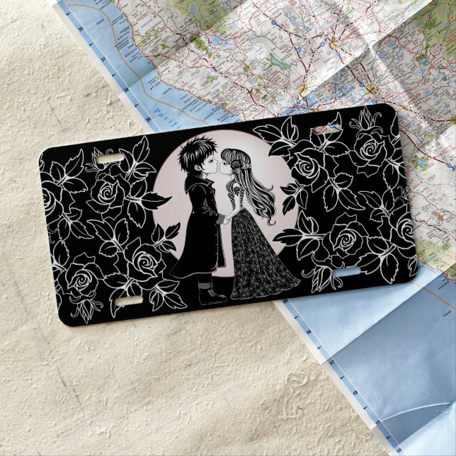 Cute Gothic Emo Kids Kiss Valentine's Day  License Plate (In Situ)