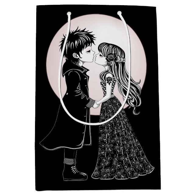 Cute Gothic Emo Kids Kiss Valentine's Day  Medium Gift Bag (Front)