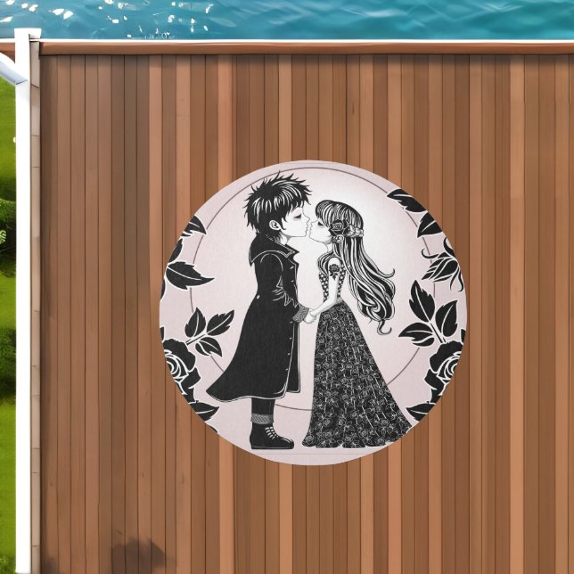 Cute Gothic Emo Kids Kiss Valentine's Day  Outdoor Rug (Insitu (Outdoor 1))