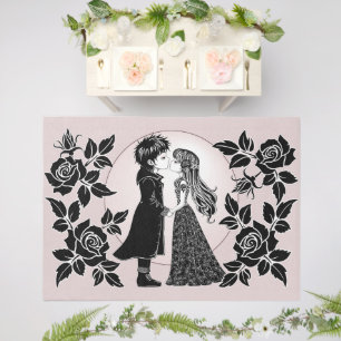 Cute Gothic Emo Kids Kiss Valentine's Day Outdoor Rug