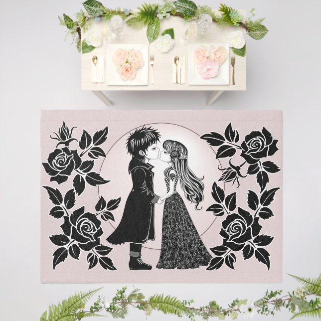 Cute Gothic Emo Kids Kiss Valentine's Day  Outdoor Rug (Insitu (Wedding 2))