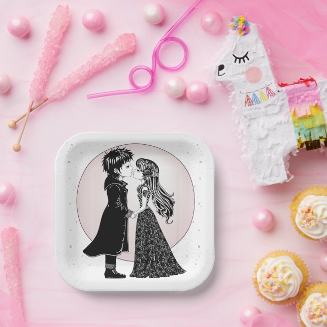 Cute Gothic Emo Kids Kiss Valentine's Day  Paper Plates (Party)