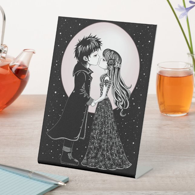 Cute Gothic Emo Kids Kiss Valentine's Day  Pedestal Sign (In SItu)
