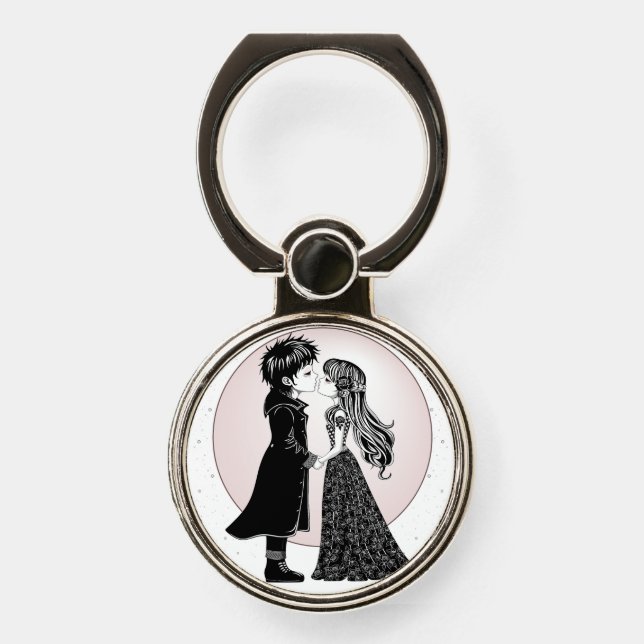 Cute Gothic Emo Kids Kiss Valentine's Day  Phone Ring Stand (Front)