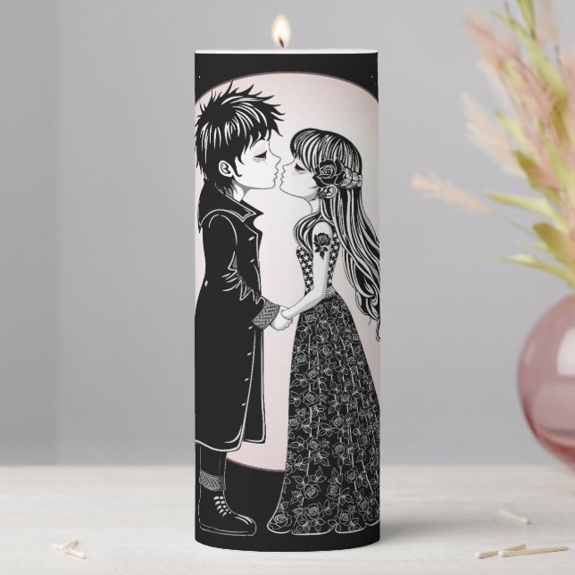 Cute Gothic Emo Kids Kiss Valentine's Day  Pillar Candle (In Situ)