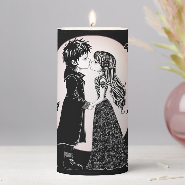 Cute Gothic Emo Kids Kiss Valentine's Day  Pillar Candle (In Situ)