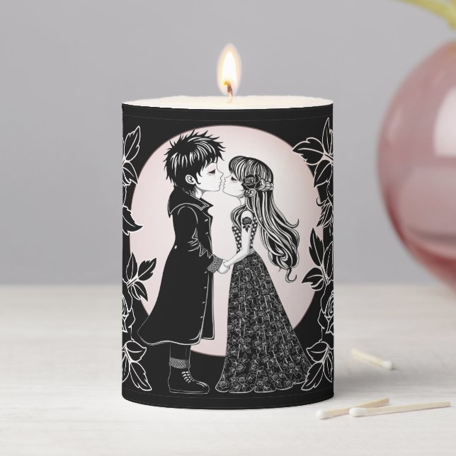 Cute Gothic Emo Kids Kiss Valentine's Day  Pillar Candle (In Situ)