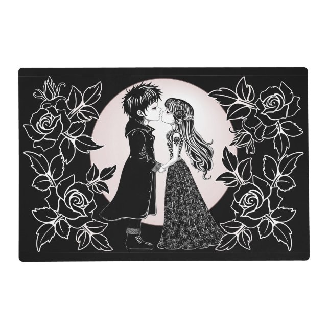 Cute Gothic Emo Kids Kiss Valentine's Day  Placemat (Front)