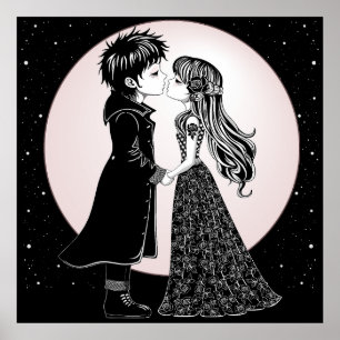 Cute Gothic Emo Kids Kiss Valentine's Day Poster