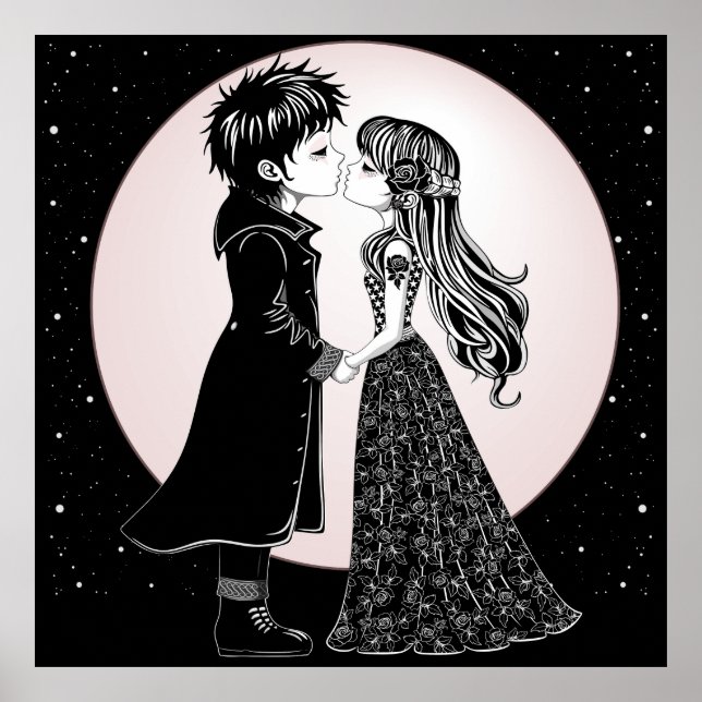 Cute Gothic Emo Kids Kiss Valentine's Day  Poster (Front)