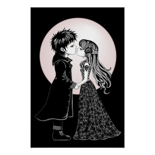 Cute Gothic Emo Kids Kiss Valentine's Day Poster