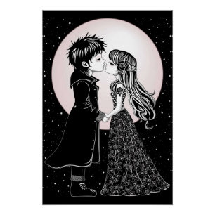 Cute Gothic Emo Kids Kiss Valentine's Day Poster