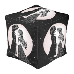 Cute Gothic Emo Kids Kiss Valentine's Day Pouf