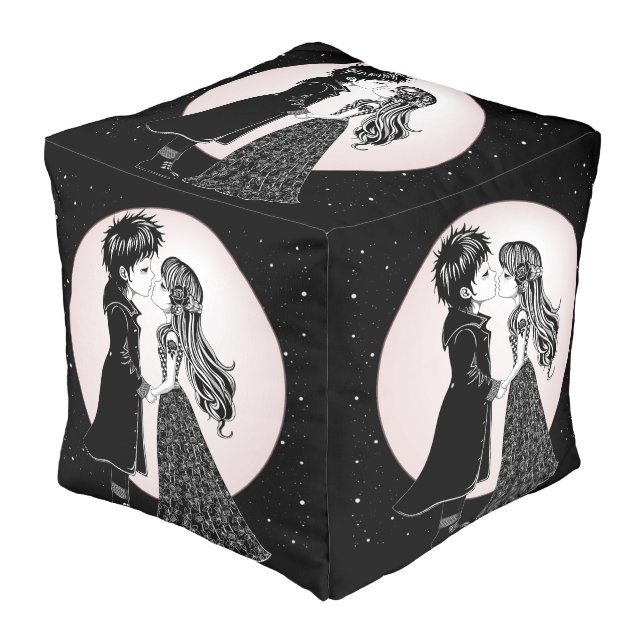 Cute Gothic Emo Kids Kiss Valentine's Day  Pouf (Angled Front)
