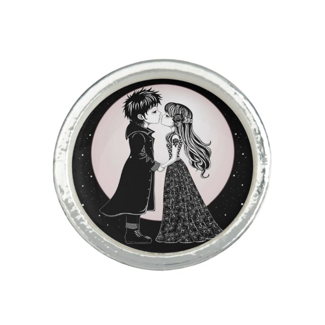 Cute Gothic Emo Kids Kiss Valentine's Day  Ring (Front)