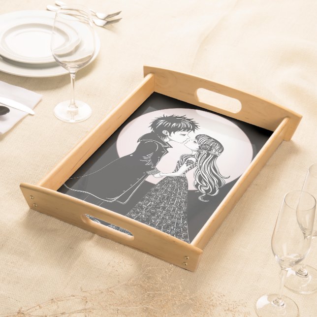 Cute Gothic Emo Kids Kiss Valentine's Day  Serving Tray (Front)