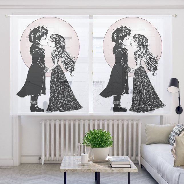 Cute Gothic Emo Kids Kiss Valentine's Day  Sheer Curtains (Living Room)