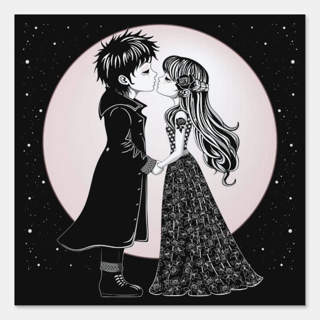 Cute Gothic Emo Kids Kiss Valentine's Day  Sign (Front)