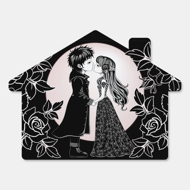 Cute Gothic Emo Kids Kiss Valentine's Day  Sign (Front)