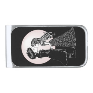 Cute Gothic Emo Kids Kiss Valentine's Day Silver Finish Money Clip