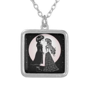 Cute Gothic Emo Kids Kiss Valentine's Day Silver Plated Necklace