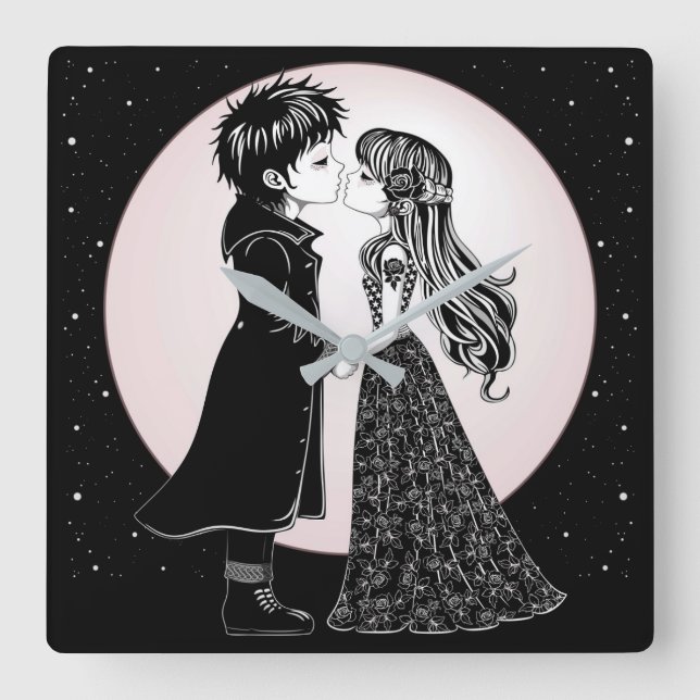Cute Gothic Emo Kids Kiss Valentine's Day  Square Wall Clock (Front)