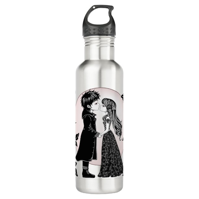 Cute Gothic Emo Kids Kiss Valentine's Day  Stainless Steel Water Bottle (Front)