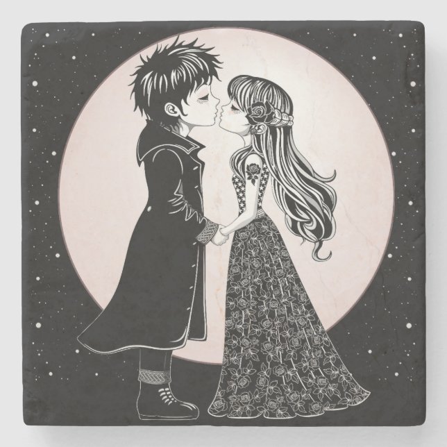 Cute Gothic Emo Kids Kiss Valentine's Day  Stone Coaster (Front)