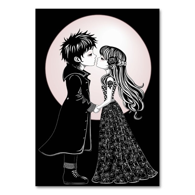 Cute Gothic Emo Kids Kiss Valentine's Day  Table Number (Front)