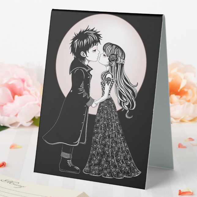Cute Gothic Emo Kids Kiss Valentine's Day  Table Tent (In SItu (Wedding))