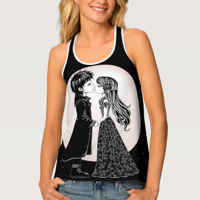 Cute Gothic Emo Kids Kiss Valentine's Day  Tank Top (Front)