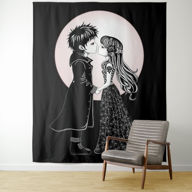 Cute Gothic Emo Kids Kiss Valentine's Day  Tapestry (In Situ)