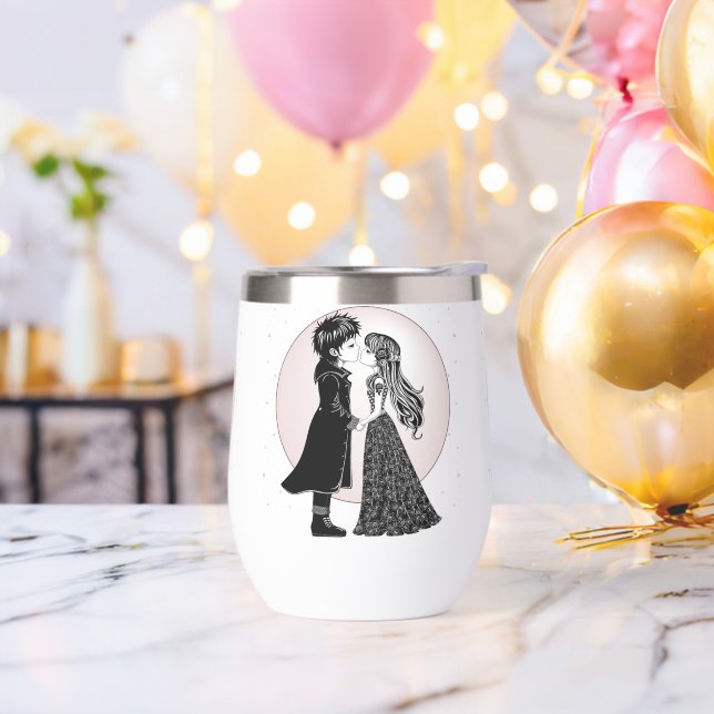 Cute Gothic Emo Kids Kiss Valentine's Day  Thermal Wine Tumbler (Bachelor Party)